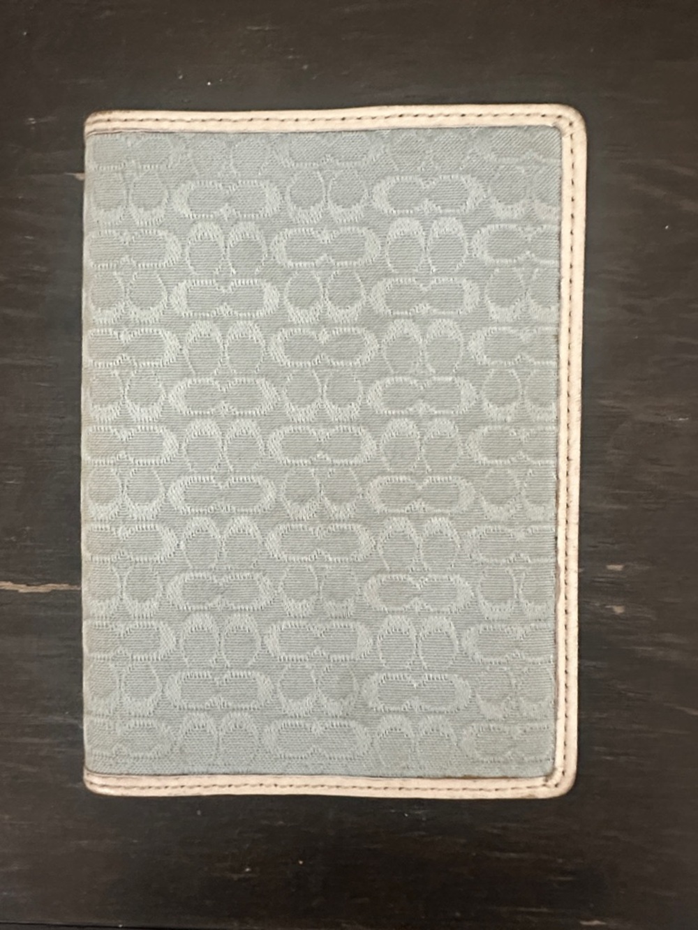 Coach Light Blue Signature Pattern Passport Cover with Cream Trim